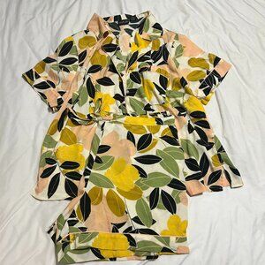 Rachel Zoe 1XL Pajama Matching Set Floral Leaf Print Button Up Top & Shorts